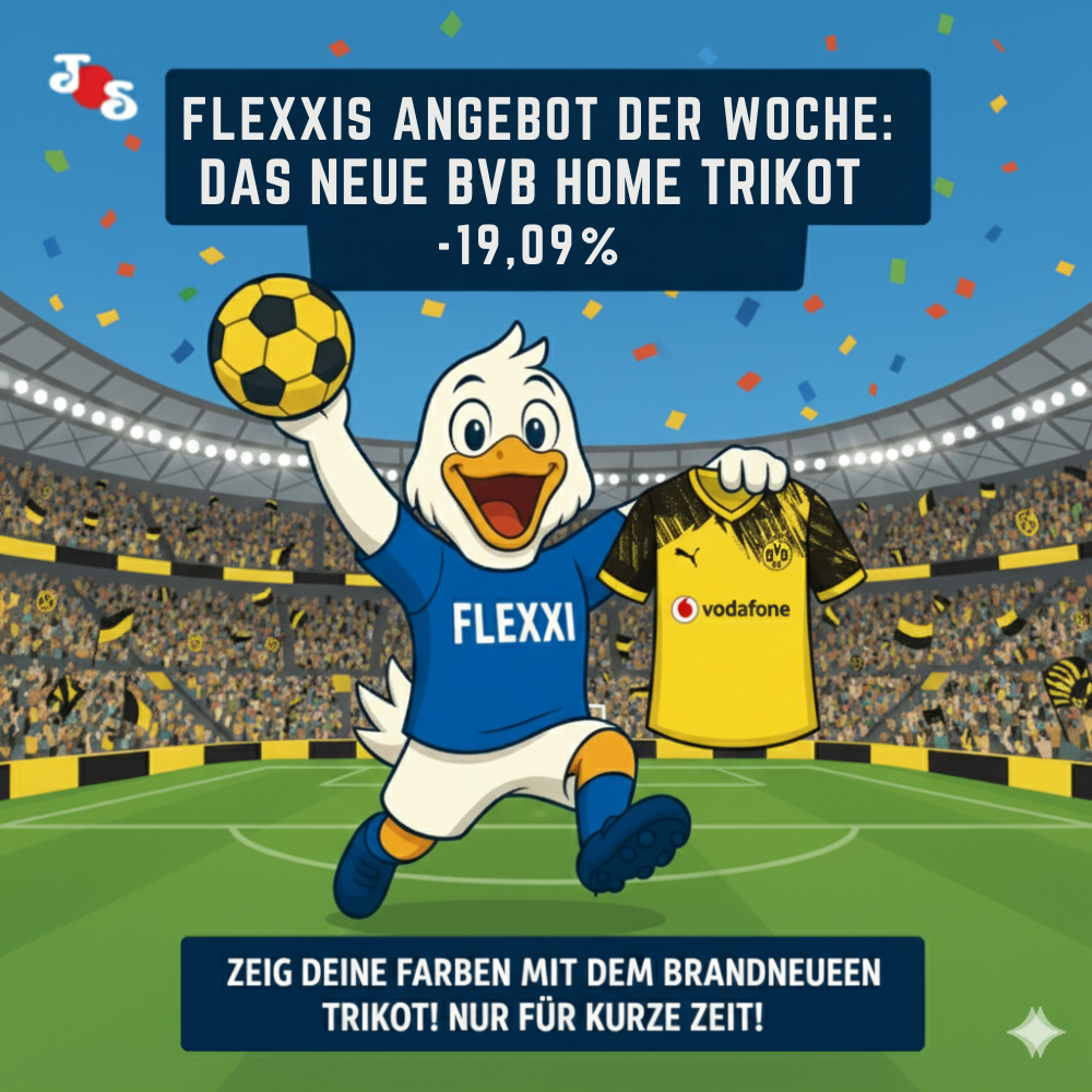 Flexxis Angebot der Woche: BVB Home Trikot 2025/26 – 19,09% Rabatt! Flexxis Angebot der Woche: BVB Home Trikot 2025/26 – 19,09% Rabatt!