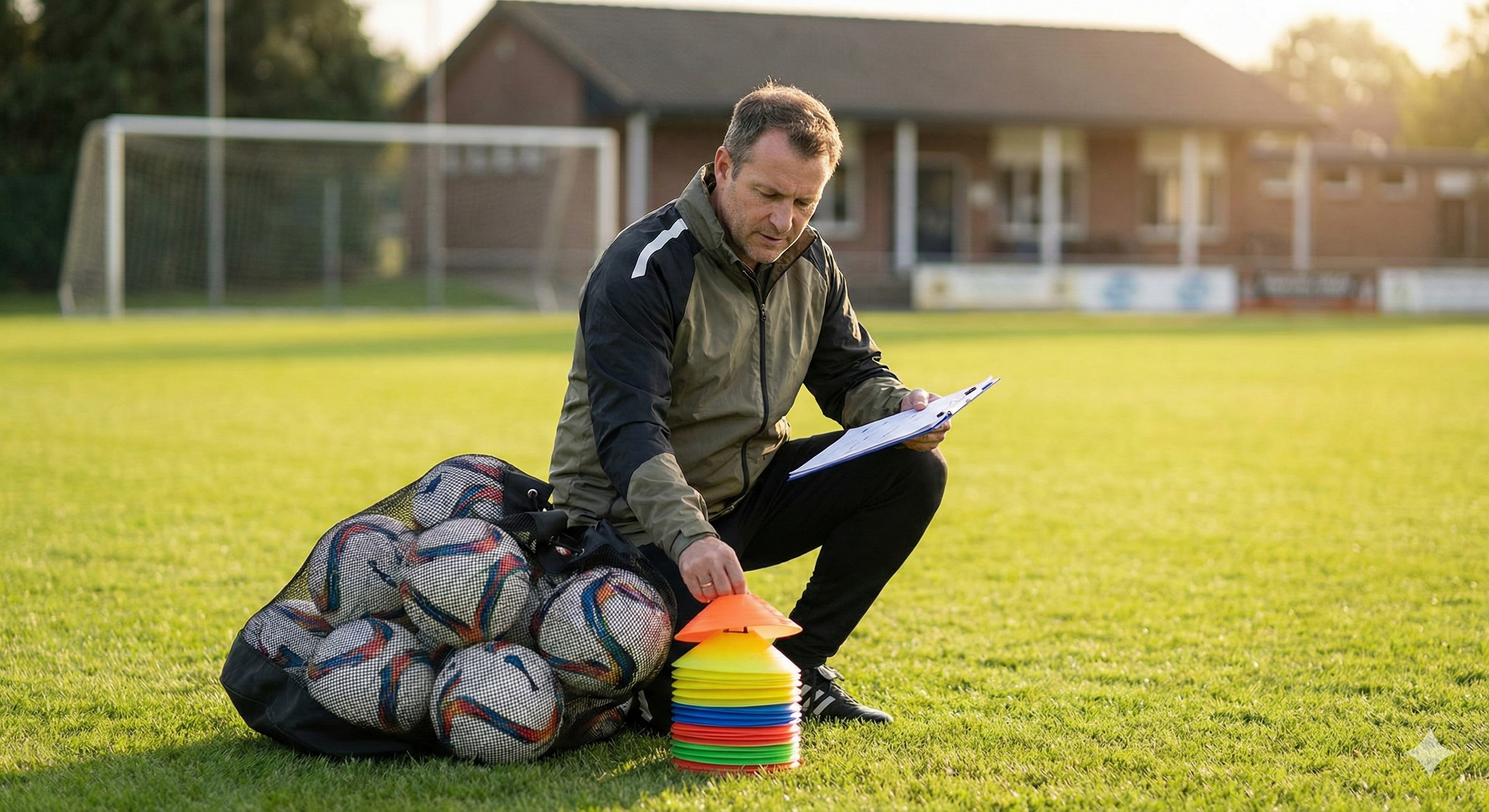 Trainer und Equipment auf dem Platz